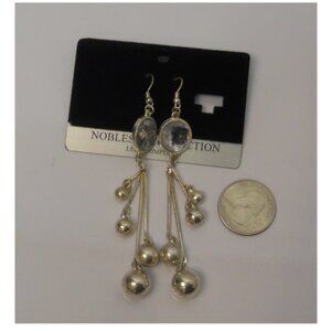 Women Bead Earrings Rhinestones Drop Dangle Silver Tones Hook Fasteners NOBLESSE